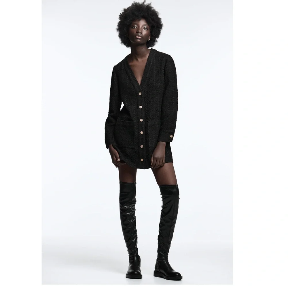 ZARA BLACK TEXTURED WEAVE TWEED DRESS - Picture 2 of 6